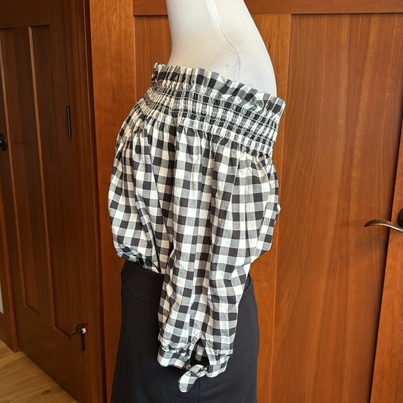 Kate Spade Gingham/Checked Black and White Off Shoulder Top XXS 3/4 Tie Sleeves - Picture 7 of 12